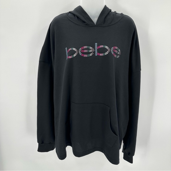 BEBE SPORT Hoodie Womens 3X Plus Black Bejeweled Logo Pullover Top Sweatshirt - Picture 1 of 10